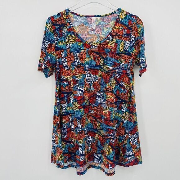 Lularoe Size XS Blue & Orange Geometric Print Short Sleeve Perfect Tee Flowy - Picture 1 of 8
